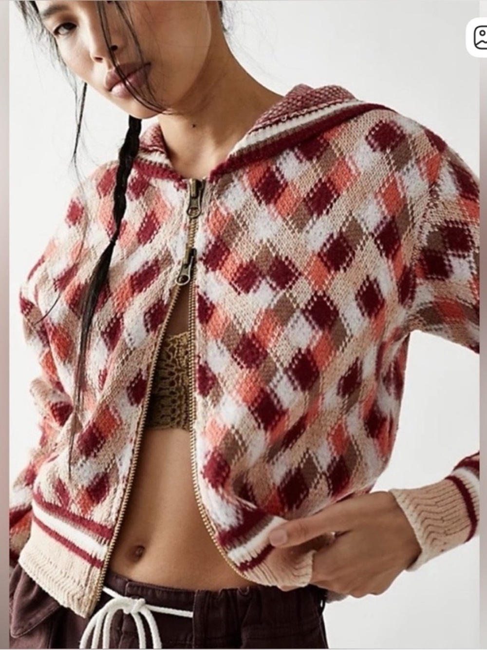 Free People Field of Flowers Hoodie Zip Sweater in Argyle